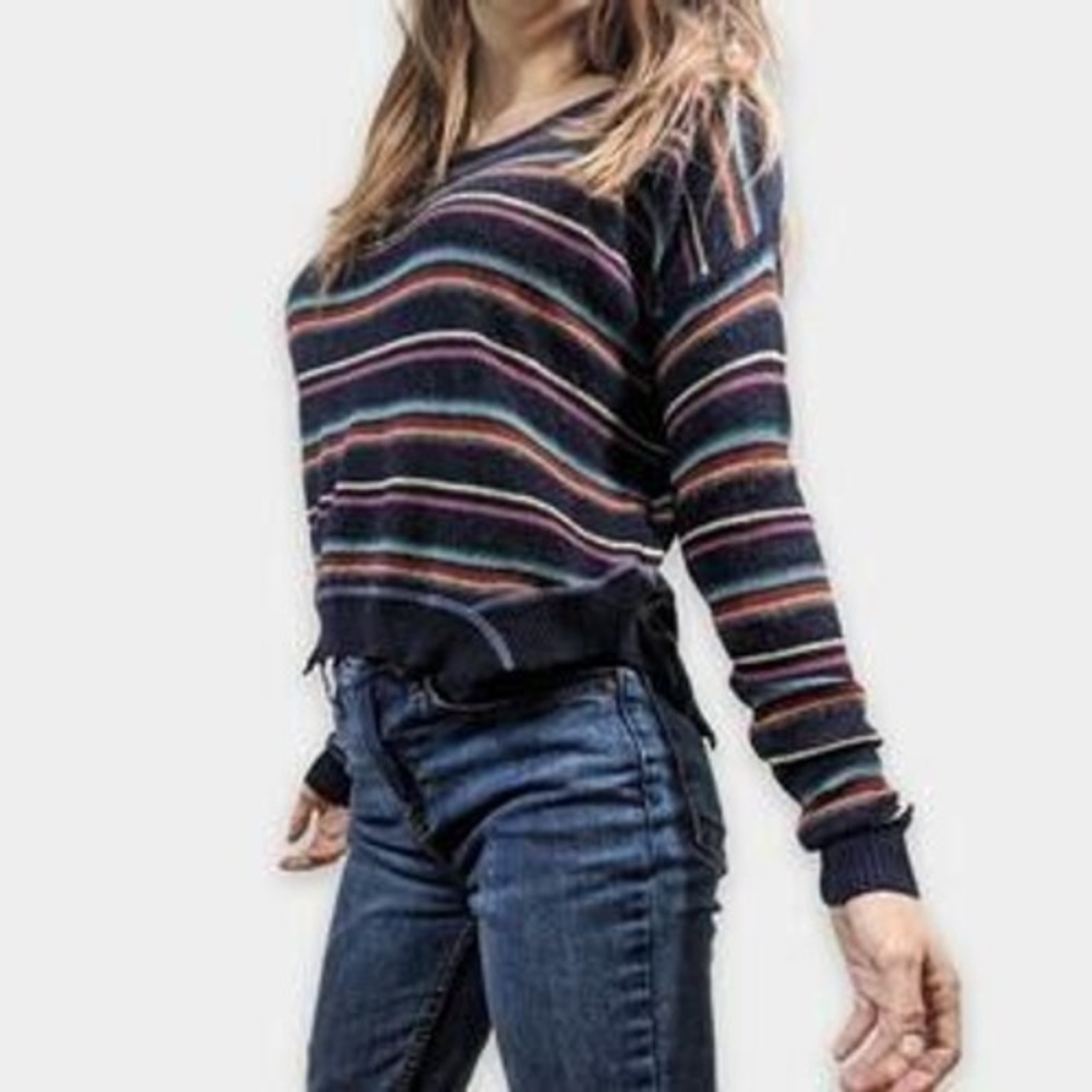 Free People Beach Striped Knit Sweater Navy Multi-Color Boho Scoop Neck Small